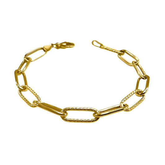 YELLOW GOLD HOLLOW OVAL TEXTURED STATION PAPER CLIP BRACELET